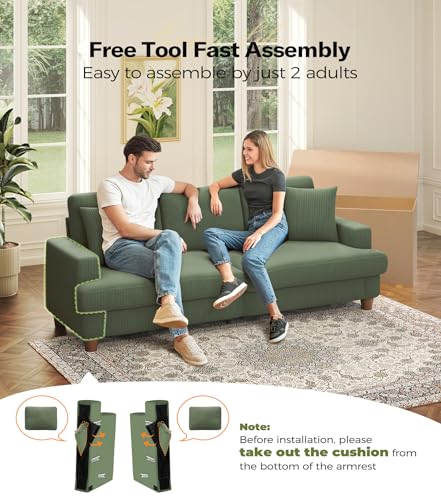 Image of 87in Corduroy Couch, Kidirect Sofa No Tool Assembly, Comfy Couches for Living Room 21in Deeper Seats, Corduroy Sofas for Living Room with 2 Pillows, Oversized Loveseat Sofa, Boho Love Seat Green Couch