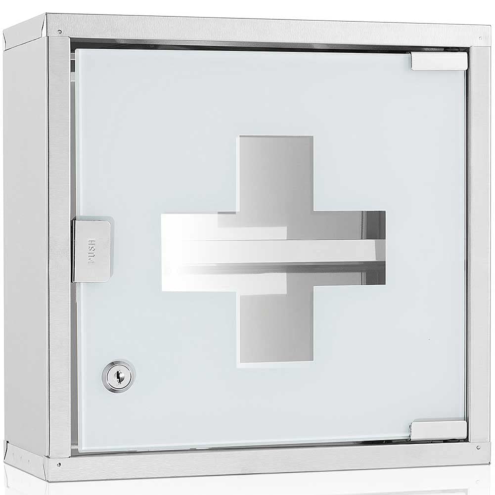 BAKAJI Armoire Porte-médicaments Armoire de Premiers Secours en Acier Inoxydable et Verre satiné Couleur Argent (30 x 30 cm)