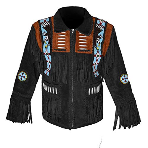 Image of LEATHERAY Western Leather Jackets for Men Cowboy Leather Jacket and Fringe Beaded Coat Suede Leather Shirt Black M
