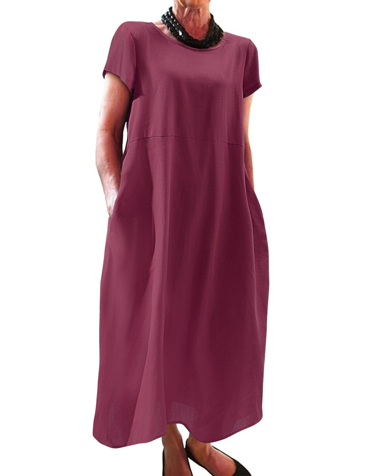 Xnova Vestidos Verano Mujer Manga Corta Sueltos Casual Vestido Playeros Largo Cuello Redondo y Bolsillos Ropa Mujer Color Sólido Tallas Grandes