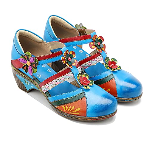 CrazycatZ Leather Mary Jane Shoes,Womens Colorful Block Heel Pumps Vintage Mary Jane Shoes Pumps4