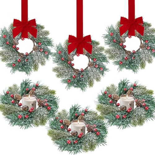Sggvecsy 6 Pcs Christmas Candle Rings Norfolk Pine Wreath Table Centerpieces Artificial Red Berries Pinecones Small Wreaths Kitchen Cabinets Pillars Mini Candle Rings for Window Front Door Decor