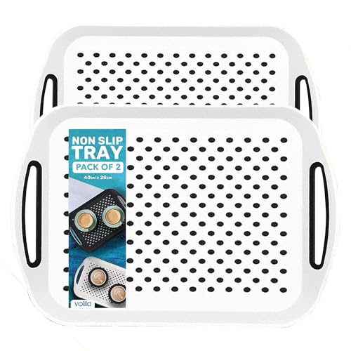 Food Trays for Eating on Couch - 2 Pack - Non Slip Dinner Trays for Eating Set of 2 Non Slip Serving Tray and Food Tray with Handles (White)