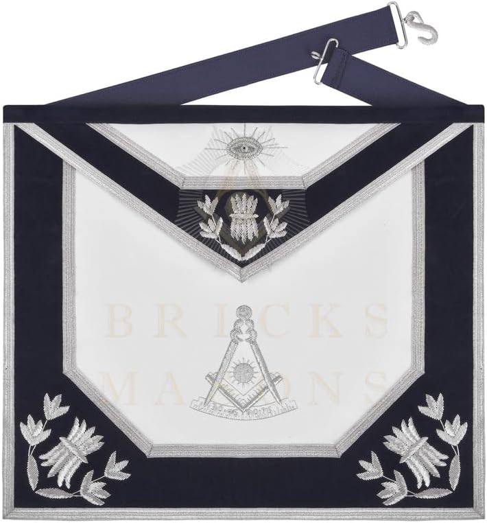 Bricks Masons Past Master Blue Lodge Apron Navy Velvet with Silver Bullion Hand Embroidery, Masonic Apron
