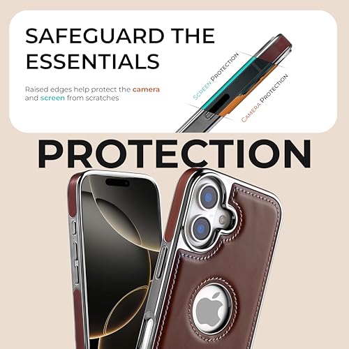 Image of PULOKA Chrome Leather Back Case - Compatible with iPhone 17 - Premium Bumper Case - Flexible Vegan Leather - Electroplated Sides & Logocut - Full Camera Protection & Raised Edges - (Brown)