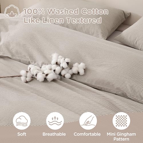 Image of TOCOMOA Mini Gingham Tan Duvet Cover Bedding Set 100% Washed Cotton Like Linen Feel Super Soft Comfy 3 Piece Brown Small Plaid Checkered Comforter Cover Set (King 104 inchx90 inch, Comforter Not Included)