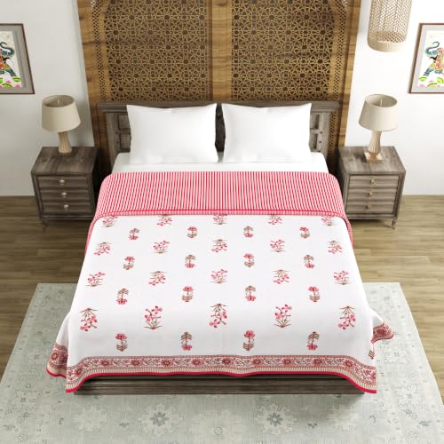 Image of BLOCKS OF INDIA 100% Cotton Dohar King Size Reversible Hand Block Printed Malmal Summer Dohar /Blanket (Pink Peach Flower)