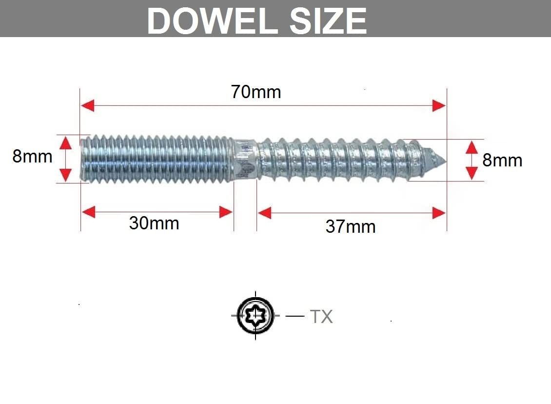 TERF® Lot de 8 chevilles à vis M8 (8 mm) x 70 mm en bois à métal à double tête pour le travail du bois, assemblage de pieds de meubles, menuisiers, projets de bricolage et d'artisanat