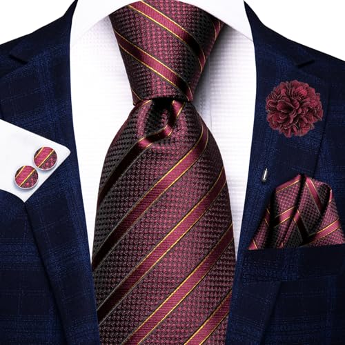 Image of Hi-Tie Mens Paisley Floral Striped Ties Set Silk Necktie and Lapel Pin for Men Pocket Square Cufflinks Set Business Wedding