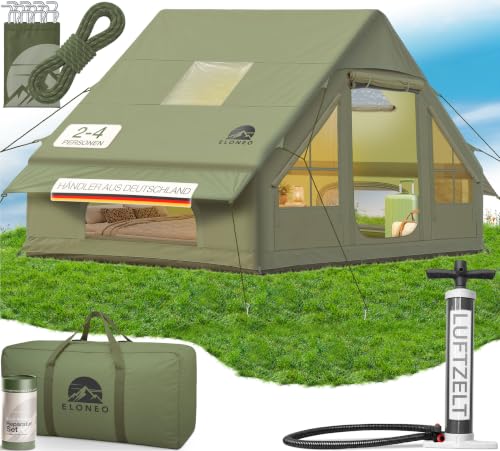 ELONEO aufblasbares Zelt für 2/4/6/8 Personen mit Dachfenster & Luftpumpe Premium Glamping Zelt wasserdicht Luftzelt Inflatable Tent Camping Zelt Grün