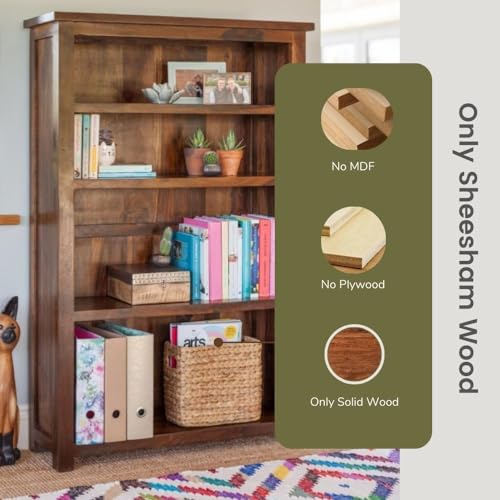 Image of ANGEL FURNITURE Solid Sheesham Wood Antonio Large Bookshelf Large, Honey Finish, Semi-Gloss, 90x30x135CM