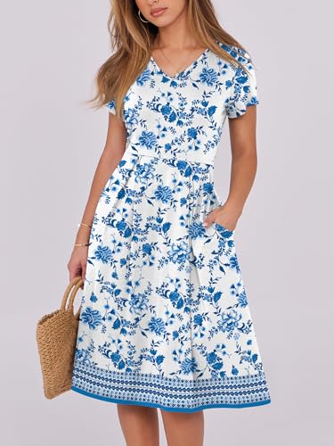 Image of ANRABESS Women Summer Dress Casual Short Sleeve V Neck A-Line Knee Length Pleated Flowy 2026 Fashion Midi Dresses with Pocket