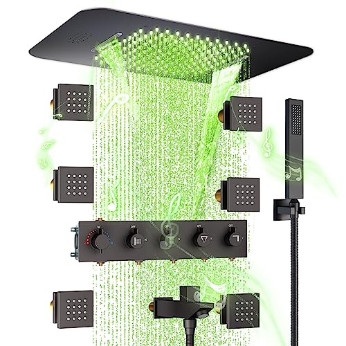 Thermostatic Shower System, Full Body Rainfall Shower System with Handheld and Body Jets, 23 Inch Luxury LED Smart Ceiling Mount Shower Faucet Set with Music (23 Inch Shower System, Matte Black) Thermostatic Shower System, Full Body Rainfall Shower System with Handheld and Body Jets, 23 Inch Luxury LED Smart Ceiling Mount Shower Faucet Set with Music (23 Inch Shower System, Matte Black)