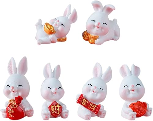 ABOOFAN Figuras de conejo en miniatura de conejo, 6 piezas, mini figuritas chinas, adorno del año del zodiaco chino para festival de primavera,