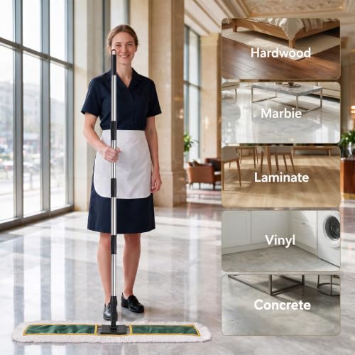 Image of 40 inch Commercial Dust Mop, Large Dust Mop with 2 Washable Pads, Green | Industrial Mop with 2 Washable Pads, Large Heavy Duty Industrial Push Mop for Hardwood, Marble, Laminate, Vinyl, Concrete