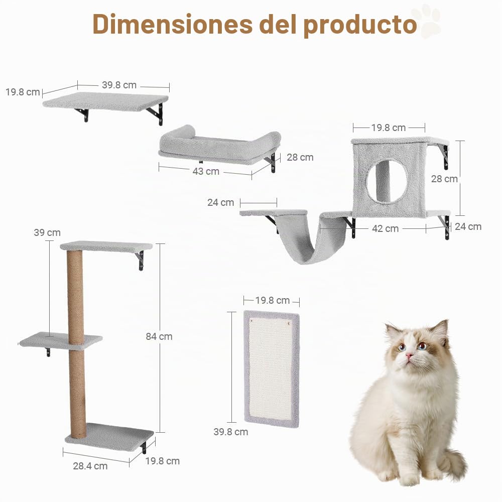 PawGiant Estantes 5 en 1 para Gatos, Juego de Muebles de Pared de Madera | Escalador de Gatitos con Poste Rascador de Árbol, Rascador, Puente Colgante y Descanso, Hasta 18 kg, Gris Claro