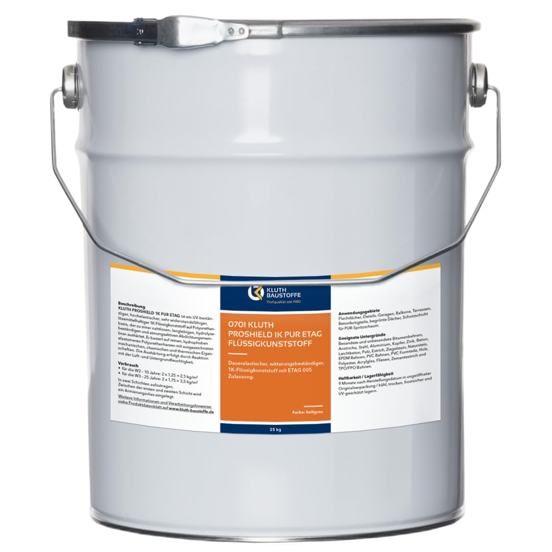 Kluth PROSHIELD 1K PUR ETAG Flüssigkunststoff - 6kg - Abdichtung für Flachdach, Balkon, Detailanschlüsse und Bauelemente - hellgrau