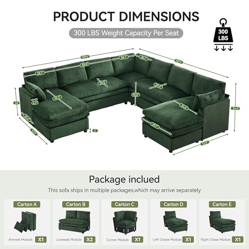 Image of 110 inch Sectional Couches with Double Chaises, Comfy Deep Dual-Layer Cushion Couch, 9 Seater Oversize Couch, Modern Modular Sofa, Corduroy Sofas for Living Room, Apartment, Green