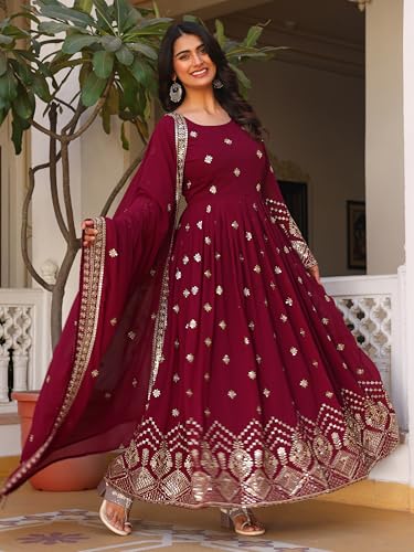 Fashion Basket Georegtte Embroidered Anarkali Dress For Women Purple