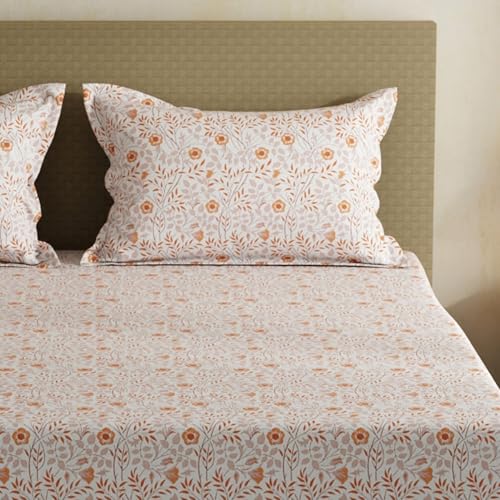 Image of Layers 100% Cotton Bedsheet for Double Size Bed | Lumina Floret Collection | 144 TC Soft & Breathable | Floral Print with 2 Pillow Covers | Wrinkle Free & Colorfast | 3 Piece Bedding Set - Orange