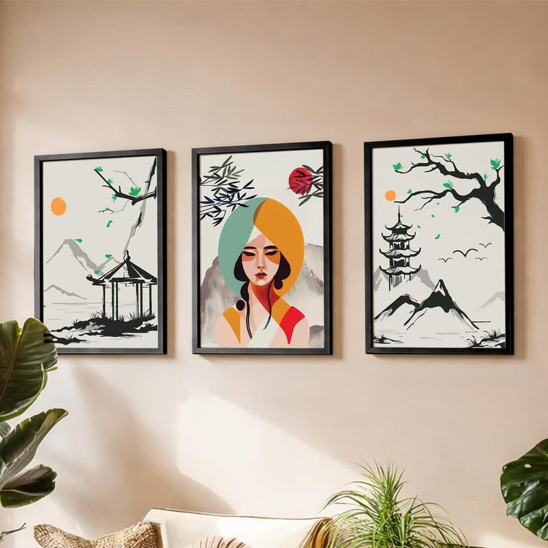 Image of NoWorries Japanese wall art painting with frame for home decoration /Wall decor paintings for living room, Framed poster set for bedroom (Japanese pattern) (13x19 inches)