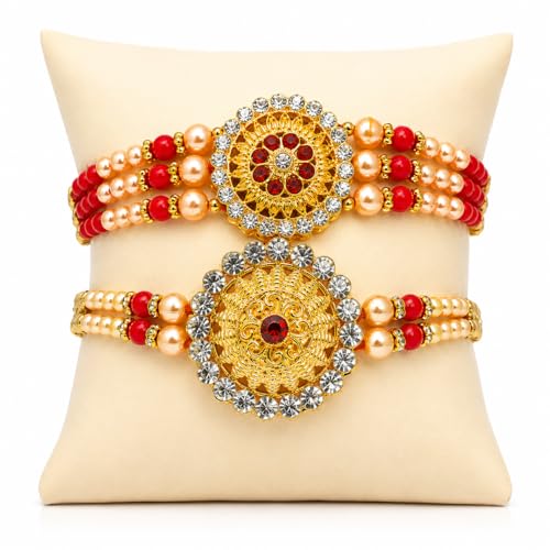 Image of Rakhi Gold Plated Kundan traditional (Set of 2) with Roli Chawal and Raksha Bandhan Greeting Card for Brother (R-1 & R-2)