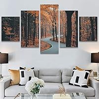 SIGNWIN 5 Panel Canvas Wall Art Dramatic Forest Landscape Living Room Orange Photography Rustic for Home Decorations Ready to Hang - 60
