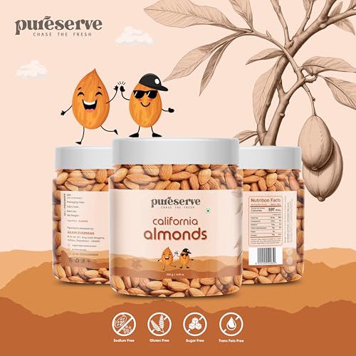 Image of Pureserve Natural California Almonds 250g - Whole Badam Giri | High in Protein, Fiber & Essential Nutrients | Boosts Immunity & Energy | 100% Natural, Gluten-Free Superfood | Jar Pack OF 1