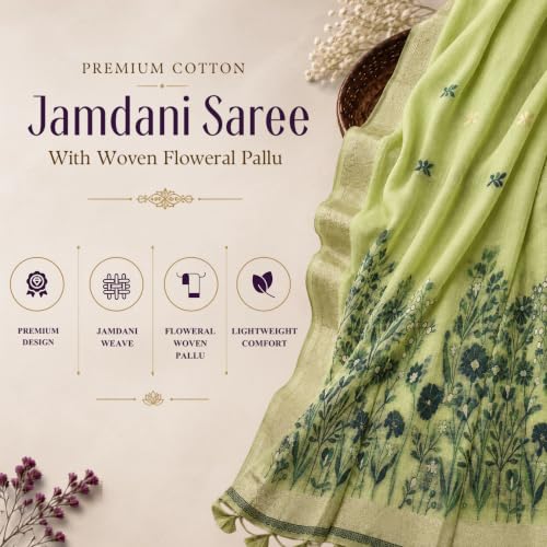 Image of Premium Cotton Jamdani Saree with Woven Floral Pallu & Matching Blouse Piece | Soft Lightweight Ethnic Wear for Women