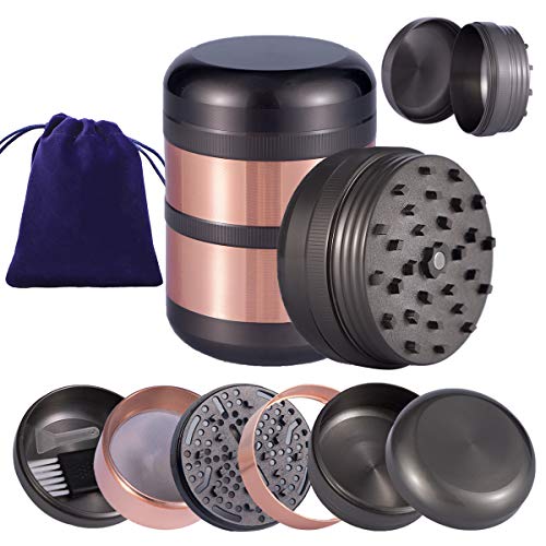 Spice Herb Grinder Large Capacity 25 Inch 6 piece Herb Spice Mills with Pollen Catcher Zinc Alloy Magnetic Lid Fine Grinder for Herb Spice with Top Storage Layer and Velvet Bag