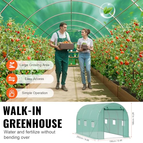 Image of VEVOR Walk-in Tunnel Greenhouse, 9.6x6.4x6.2 ft Hoop House Greenhouse Tunnel, Plant Hot House with Galvanized Steel Frame, Green PE Cover, Roll-up Zipper Door and 6 Windows for Outdoor