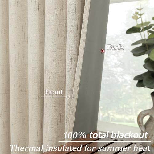 Image of KOUFALL French Country Curtains for Living Room, Farmhouse Style Blackout Rustic Linen Lined Insulated Curtains for Bedroom Sliding Door, Tan, 96 Inches Long