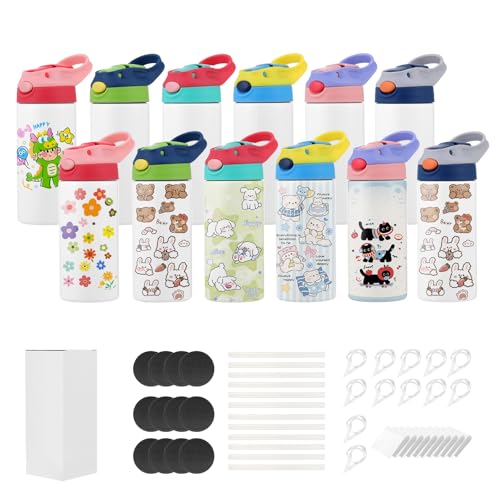 VEVOR Sublimation Tumblers 12 Pack 12 oz Kids Sublimation Water Bottles Food-Grade Stainless Steel Cups with Lids and Straws Double Wall Insulated Tumbler Blank for DIY Personalized Customization
