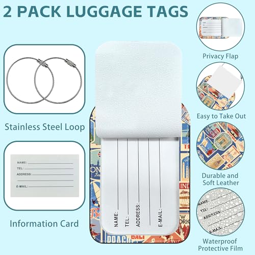 Travel Stamp Luggage Tag for Suitcase Set of 2 PU Leather Cute Luggage Tags with Stainless Metal Loop ID Label Privacy Flap Suitcase Tags for Women and Men Travel2