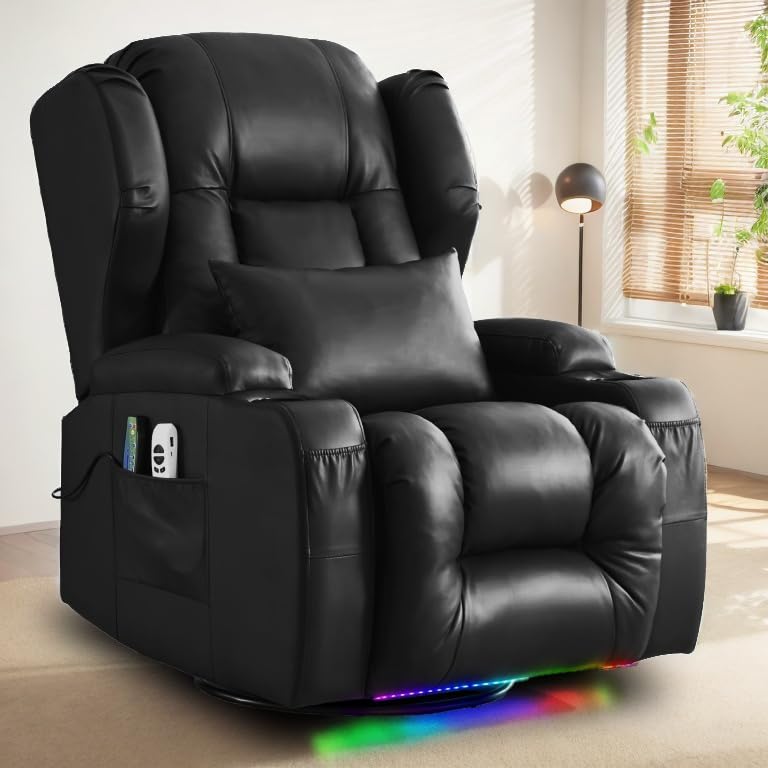 Power Recliner Chair Faux Leather Home Theater Seating Glider Reclining Sofa with Massage & Heat Swivel Rocker Recliner Chair for Living Room with LED Light/USB Port/Lumbar Pillow (Black)