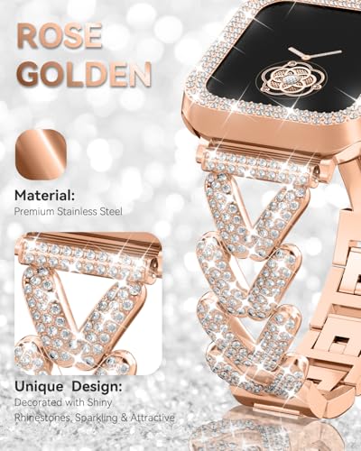 Image of Rhinestones Encrusted Metal Bracelet and Case, Compatible with Apple Watch Bands 38mm-49mm (Series 11 /10 /1 /SE /Ultra 2)- Bling Gold Women's Jewelry Strap, Luxury iWatch Bracelet