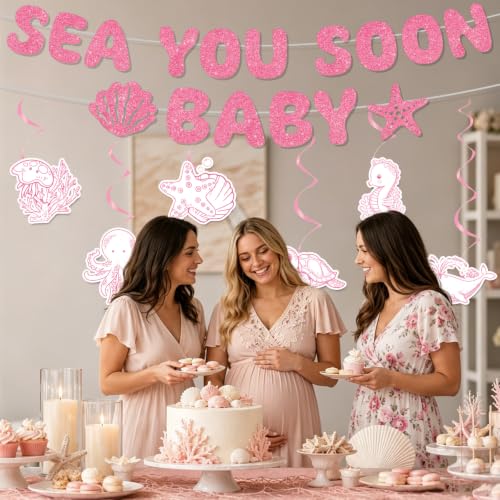 Image of Under The Sea Party Decorations - 8 Pcs Sea You Soon Baby Shower Banner Hanging Swirls Decorations, Pink Summer Ocean Seashell Theme Decor Supplies for Boys Girls