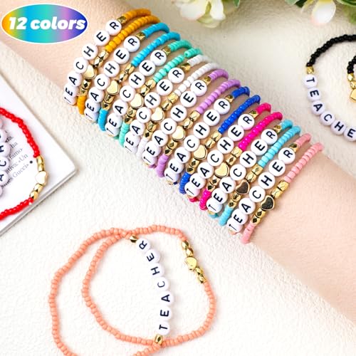 24 Pcs Back to School Teacher Beaded Bracelet Thank You Gifts for Teachers Appreciation Gifts for Women Heishi Stretchy Bracelet Present from Student2