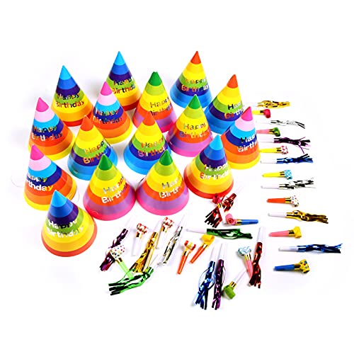 48 Ultimate Party Poppers Kit mit 16 Rainbow Birthday Party Cone Hats, 16 Noisemakers Blowouts Whistles, 16 Color Blowouts Quastenhörner Dekorationszubehör für Kinder & Erwachsene Cover