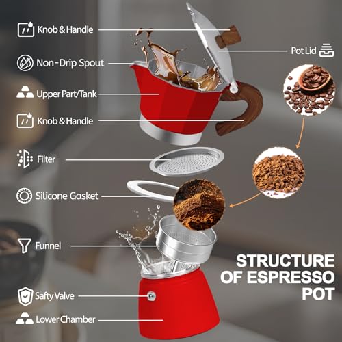Image of Aluminum 6 Cup 300ml Moka Pot Express Coffee Maker Stovetop Espresso Colorful Coffeemaker Italian Classic Style Brewing Greca Cafe Mocha Machine for Cafeteras Lover Camping Travel and Home Use 10oz