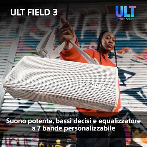 Sony ULT FIELD 3 - Speaker Bluetooth portatile con ULT POWER SOUND, batteria 24 ore, IP67, impermeabile, antipolvere, antiurto, tracolla staccabile, compatto - Bianco - Immagine 2