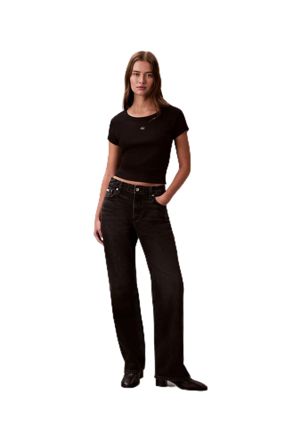 Calvin Klein Women’s Short Sleeve Round Neck Woven Label Rib Baby Tee, Black (Black), XS