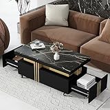 Merax Coffee Table with Faux Marble Top, Modern Center Table with 2 Drawers & Caster Wheels, Contemporary Luxury Cocktail Table with Gold Metal Bars for Living Room, Black