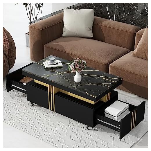 Moderate Luxury Coffee Table with Faux Marble Top, Rectangle Cocktail Table with Caster Wheels and Gold Metal Bars, Two Drawers, Contemporary Center Table for Living Room (Black with Caster Wheels 5)