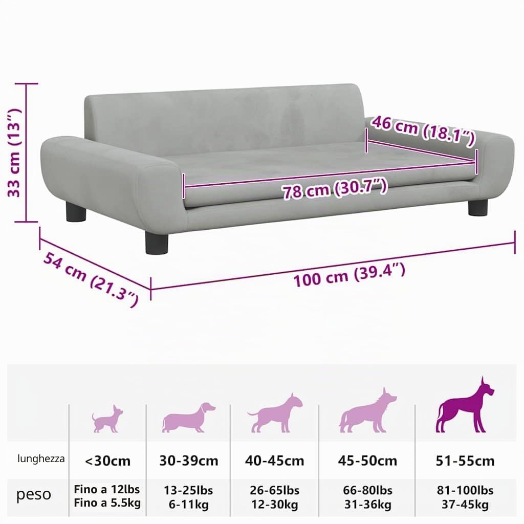 vidaXL Lettino per Cani Grigio Chiaro 100x54x33 cm in Velluto
