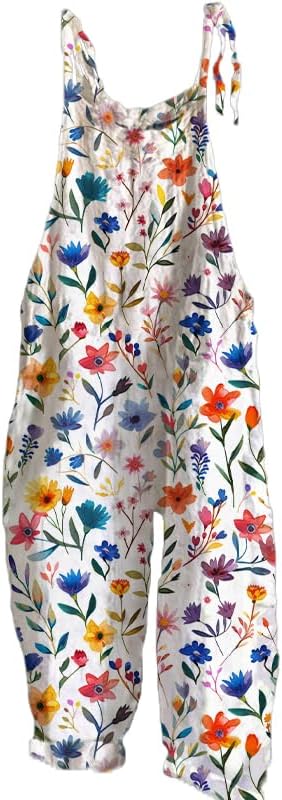 Rompers &overalls Boho Cotton Linen Floral Printed Plus Size Comfy Rompers Sleeveless Cargo Long Pant Soft Vintage Jumpsuit Harem Pants,morning glory,XL