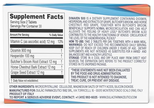 Image of Dulac Dinaven 500, Micronized Diosmin Hesperidin Dietary Supplement 1000mg per serving, Horse Chestnut Extract, Butcher's Broom & Red Grape Extract, Leg Circulation Support, 60 Tablets, Made in Italy