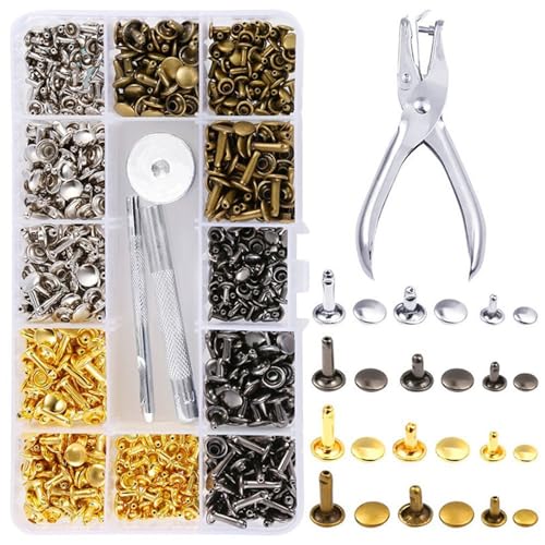 Comioke Rivetti in Pelle,180 Pezzi Ribattini per Cuoio,Rivetti Tubolari 12mm 8mm 6mm,Rivetto in Pelle con 3 Pezzi Strumenti di Fissaggio e Punch Pinze,per Borse,DIY,Jeans,Scarpe, Riparazioni,4 Colori