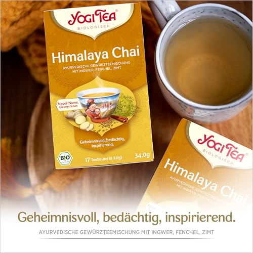 Yogi Tea, Himalaya Chai, Ayurvedischer Bio Gewürztee von Natur aus koffeinfrei, Mischung aus Ingwer, Fenchel und Zimt, Yogi Tee 6er Pack, 6x17 Beutel (102Teebeutel insgesamt), Ideal als Geschenk