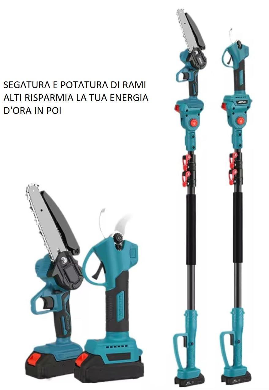 Forbice da Potatura a Batteria, Motosega a Batteria 6 Pollici incluso, + Asta Telescopica 128-248cm, Kit 3 in 1, Cesoie Elettriche per Potatura Giardino Rami Arbusti Vigneto